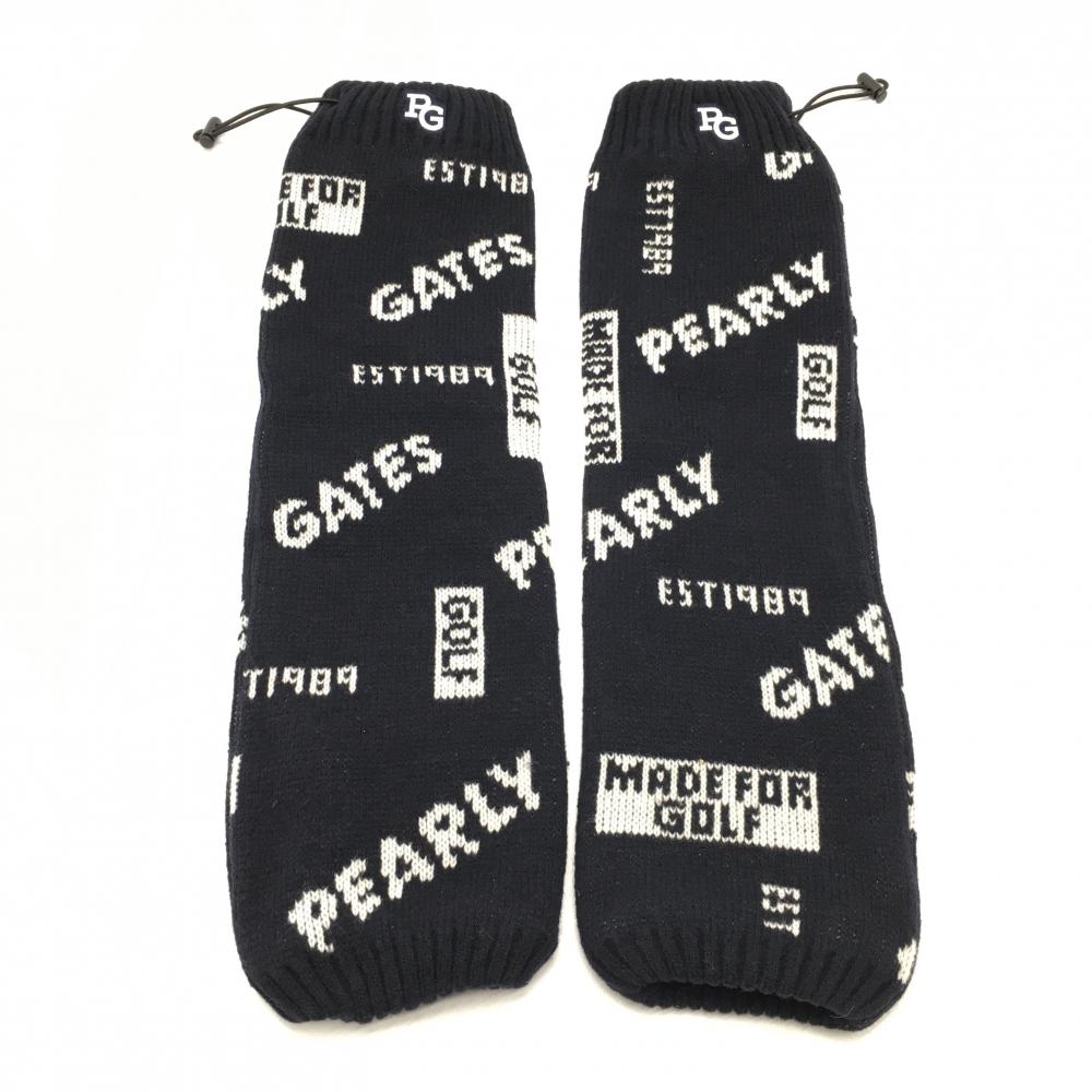 【超美品】パーリーゲイツ ニットレッグウォーマー ダークネイビー×白 ロゴ総柄 ドローコード レディース FR ゴルフウェア PEARLY GATES