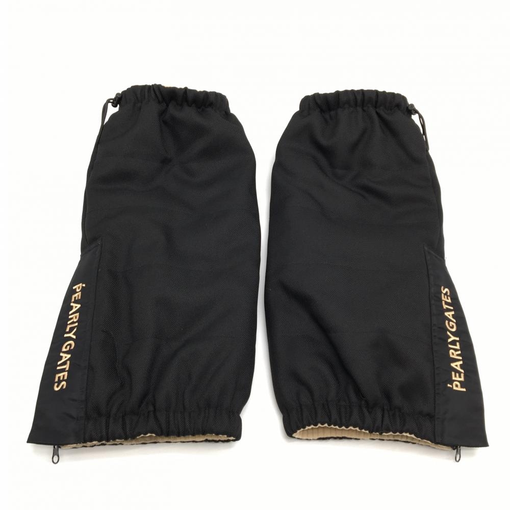 【美品】パーリーゲイツ レッグウォーマー 黒 ロゴベージュ 裏フリース ジップ レディース FR ゴルフウェア PEARLY GATES