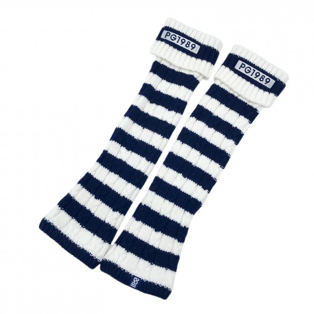 【超美品】パーリーゲイツ ニットレッグウォーマー 白×ネイビー ボーダー 30周年 レディース  ゴルフウェア PEARLY GATES