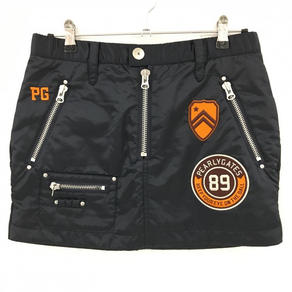 【超美品】パーリーゲイツ 中綿スカート 黒×オレンジ ワッペン ティー装着可  レディース 2(L) ゴルフウェア PEARLY GATES