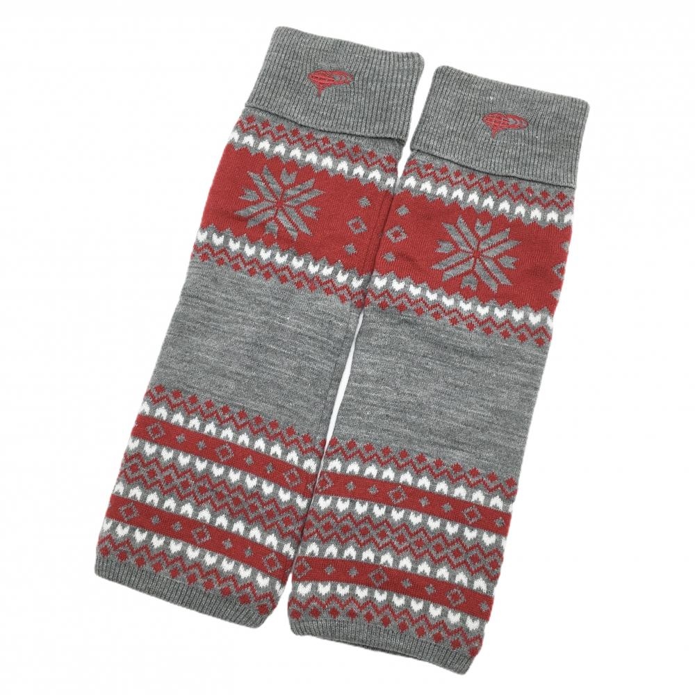 【超美品】ビームスゴルフ ニットレッグウォーマー グレー×レッド 総柄 裏フリース レディース  ゴルフウェア BEAMS GOLF