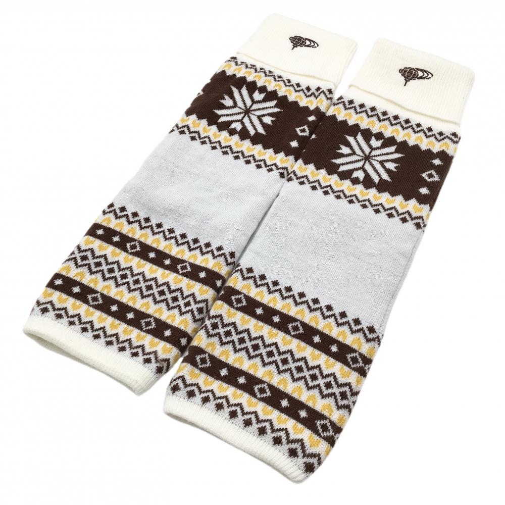 【美品】ビームスゴルフ ニットレッグウォーマー 白×ブラウン ノルディック柄 ロゴ刺しゅう  レディース  ゴルフウェア BEAMS GOLF