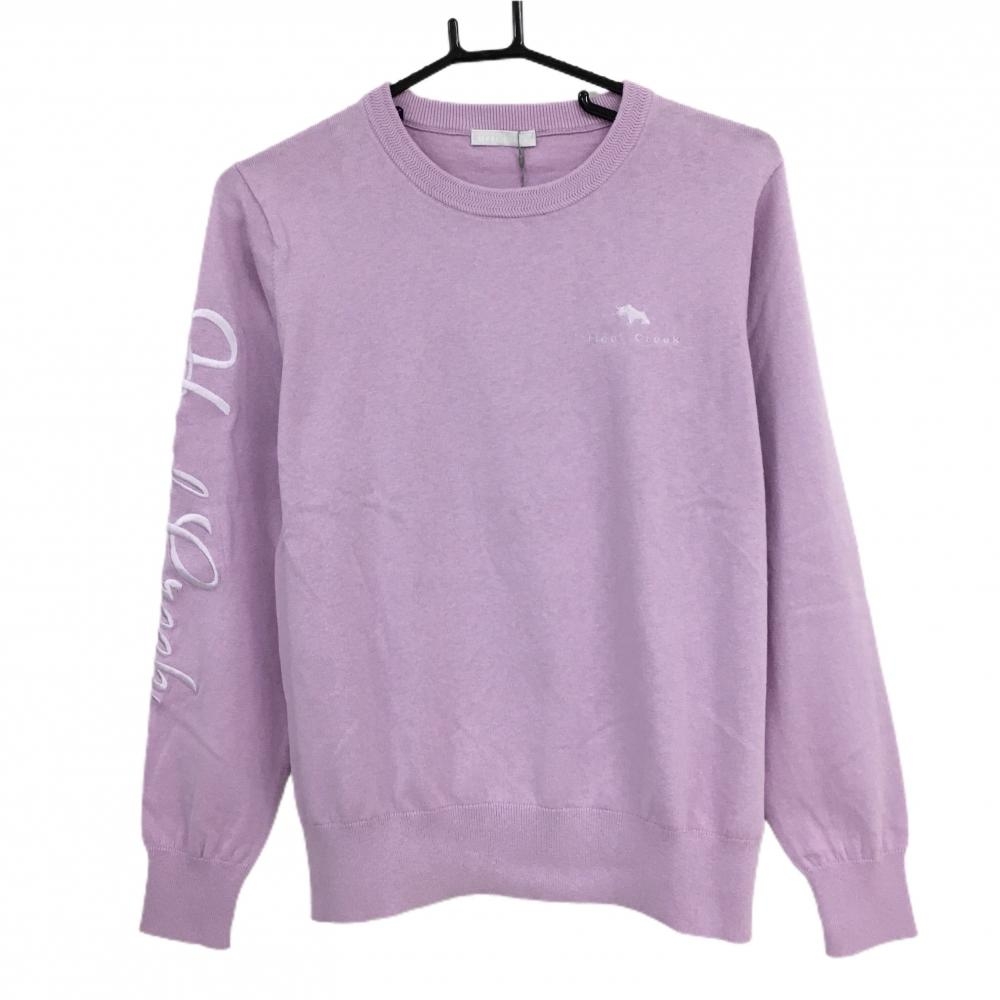 【新品】ヒールクリーク セーター ピンクパープル 袖刺しゅう コットン100％ ニット  レディース 42(L) ゴルフウェア Heal Creek