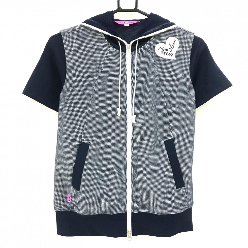 【超美品】ビバハート 半袖ジップパーカー ネイビー×白 裏地メッシュ 袖ロールアップ可 レディース 40(M) ゴルフウェア VIVA HEART