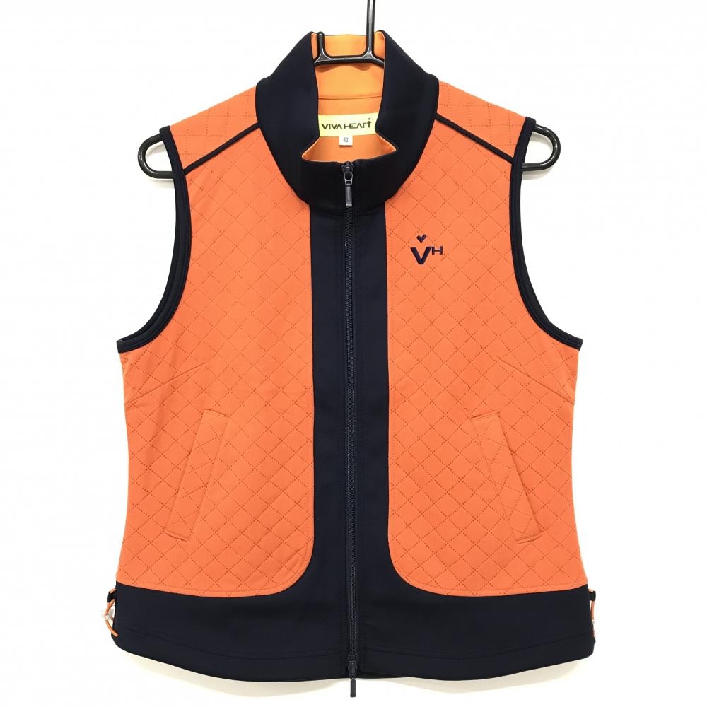【超美品】ビバハート ジップベスト オレンジ×ネイビー 斜め格子柄 パンチング 裏微起毛 レディース 42(L) ゴルフウェア VIVA HEART