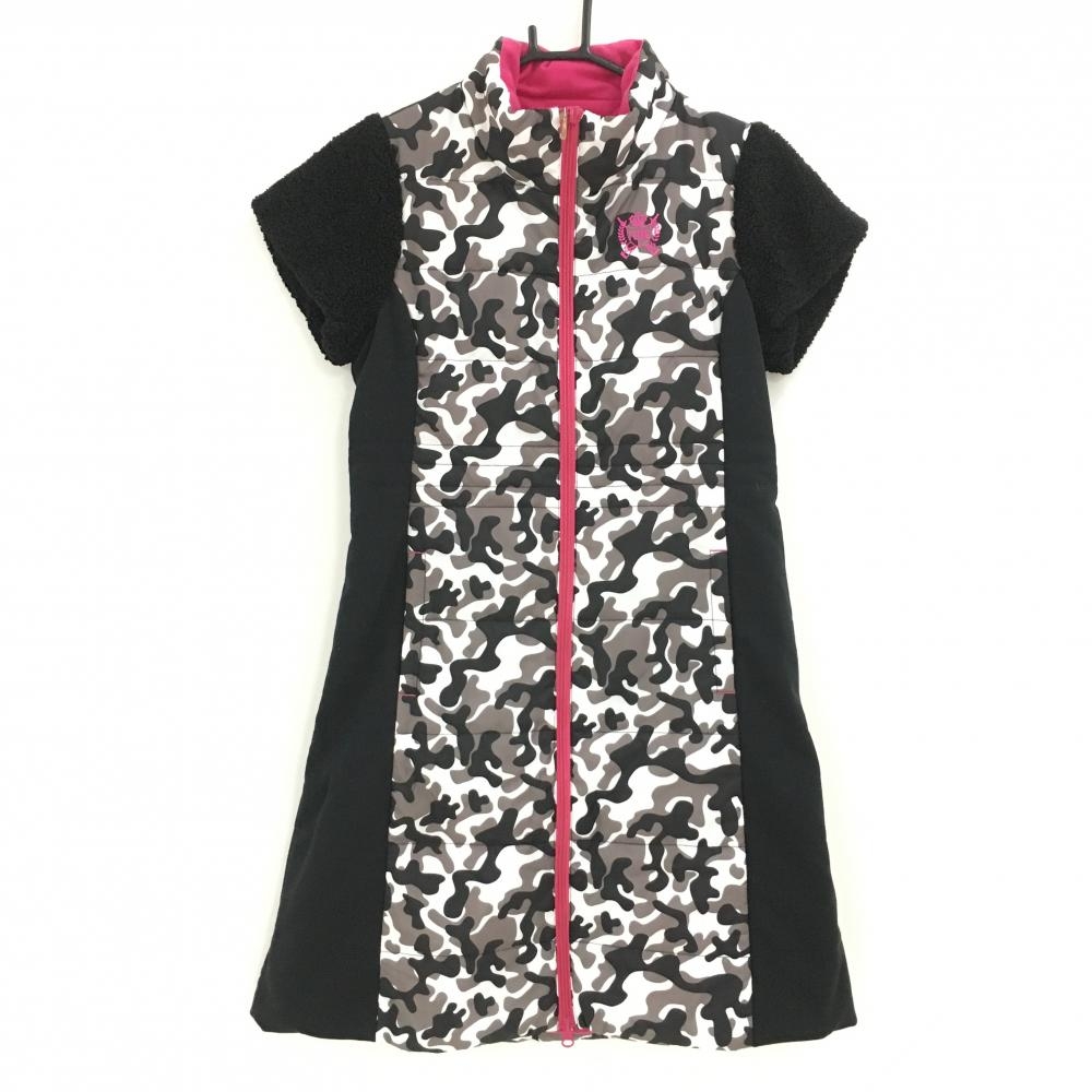 【新品】ビバハートreplie 中綿半袖ワンピース 黒×白 一部カモフラ 迷彩 袖ボア レディース 40(M) ゴルフウェア VIVA HEART