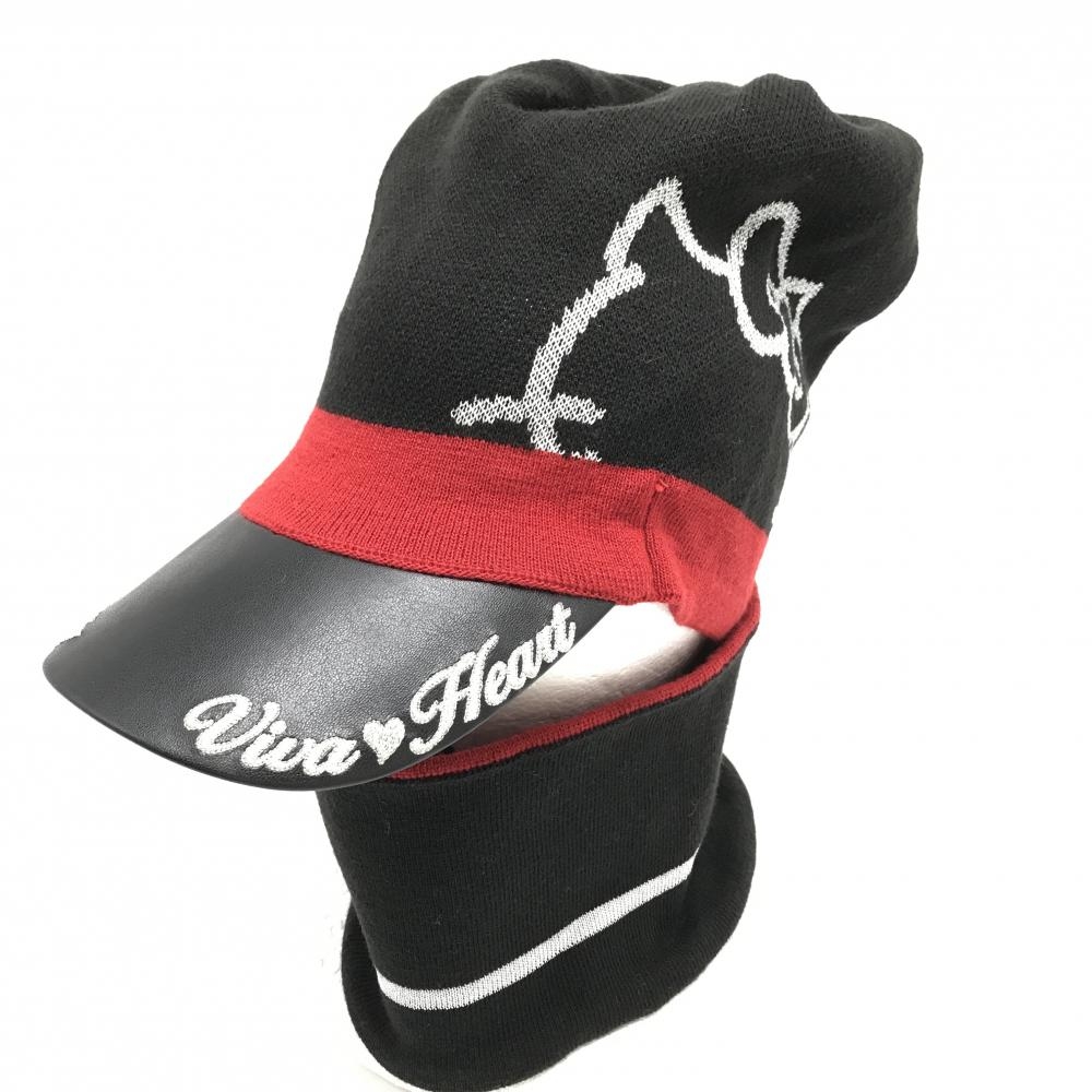 【超美品】ビバハート×ハローキティ 3WAYつば付ニット帽 黒×レッド ネックウォーマー  レディース 40 ゴルフウェア VIVA HEART