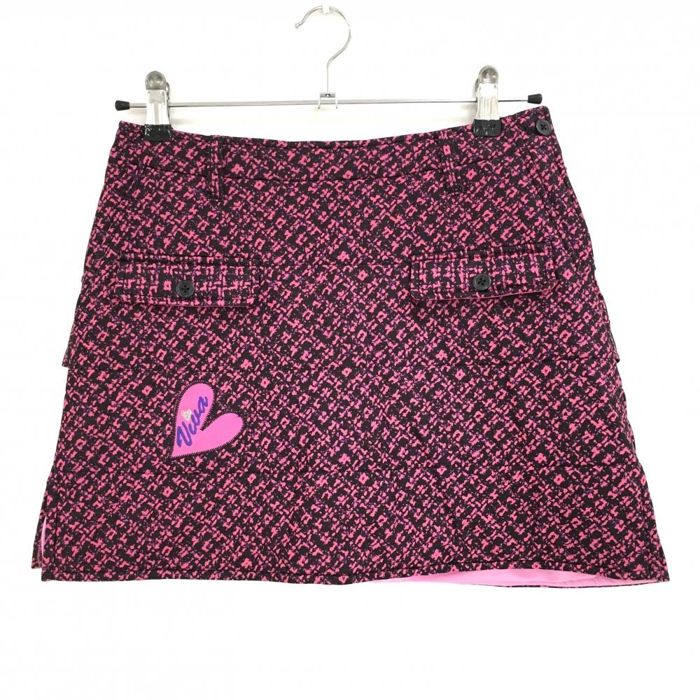 【美品】ビバハート 中綿スカート ピンク×黒 総柄 後ろフリル 内側インナーパンツ レディース 38(S) ゴルフウェア VIVA HEART