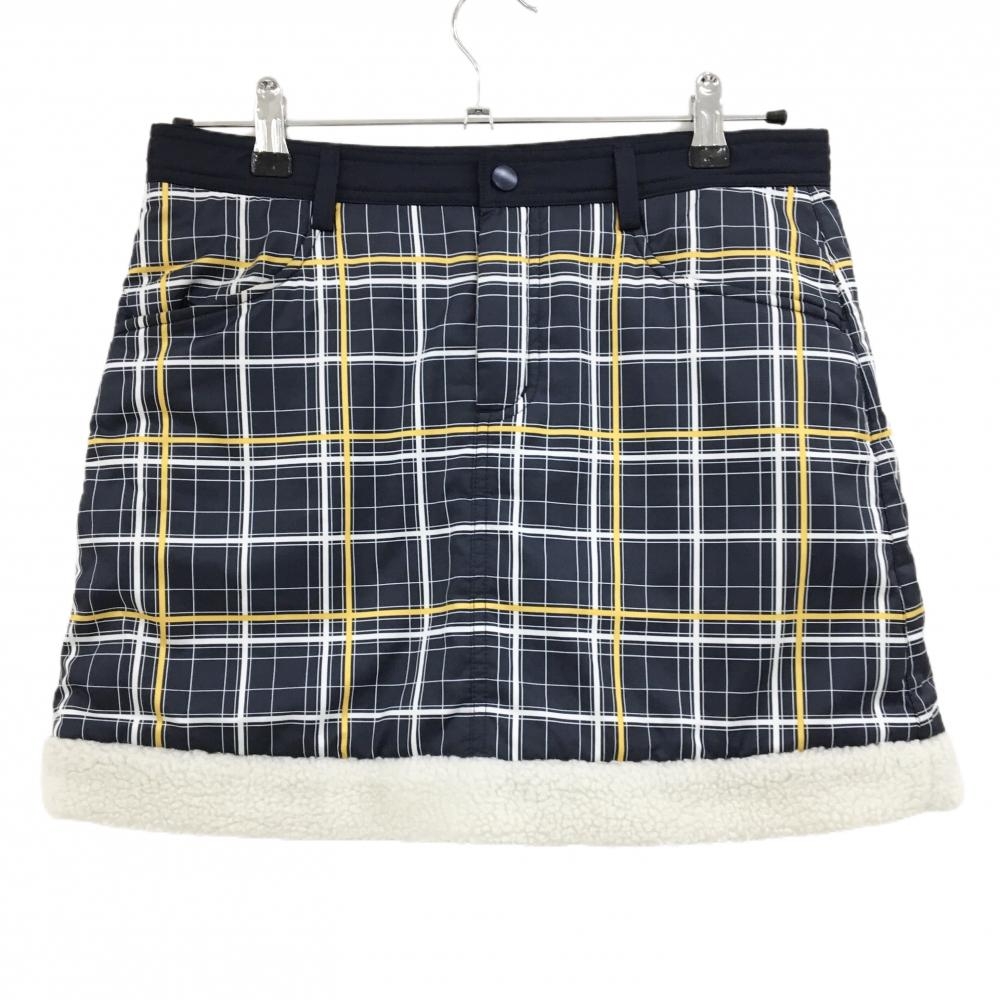 【超美品】フィドラ 中綿スカート ネイビー×白 チェック 裾ボア ロゴ刺しゅう レディース M/M ゴルフウェア FIDRA
