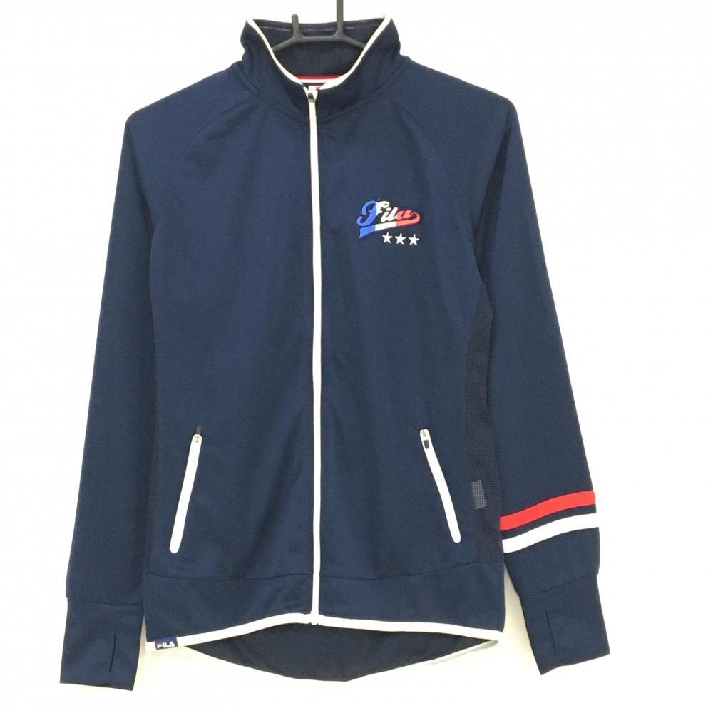 【美品】フィラゴルフ ジャケット ネイビー×白 サイドメッシュ 袖2ライン レディース L ゴルフウェア FILA GOLF