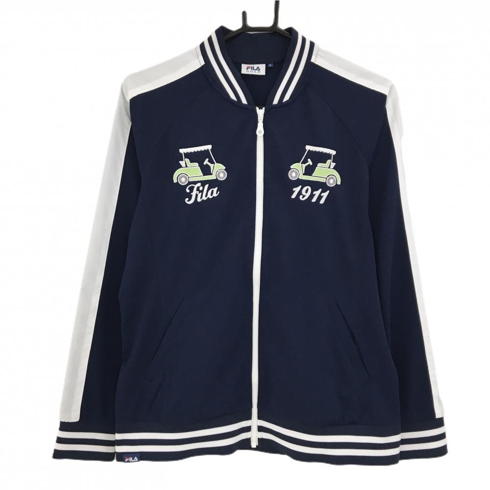 【超美品】フィラゴルフ ジャケットブルゾン ネイビー×白 ネック・袖ライン カート刺しゅう 薄手 レディース L ゴルフウェア FILA GOLF