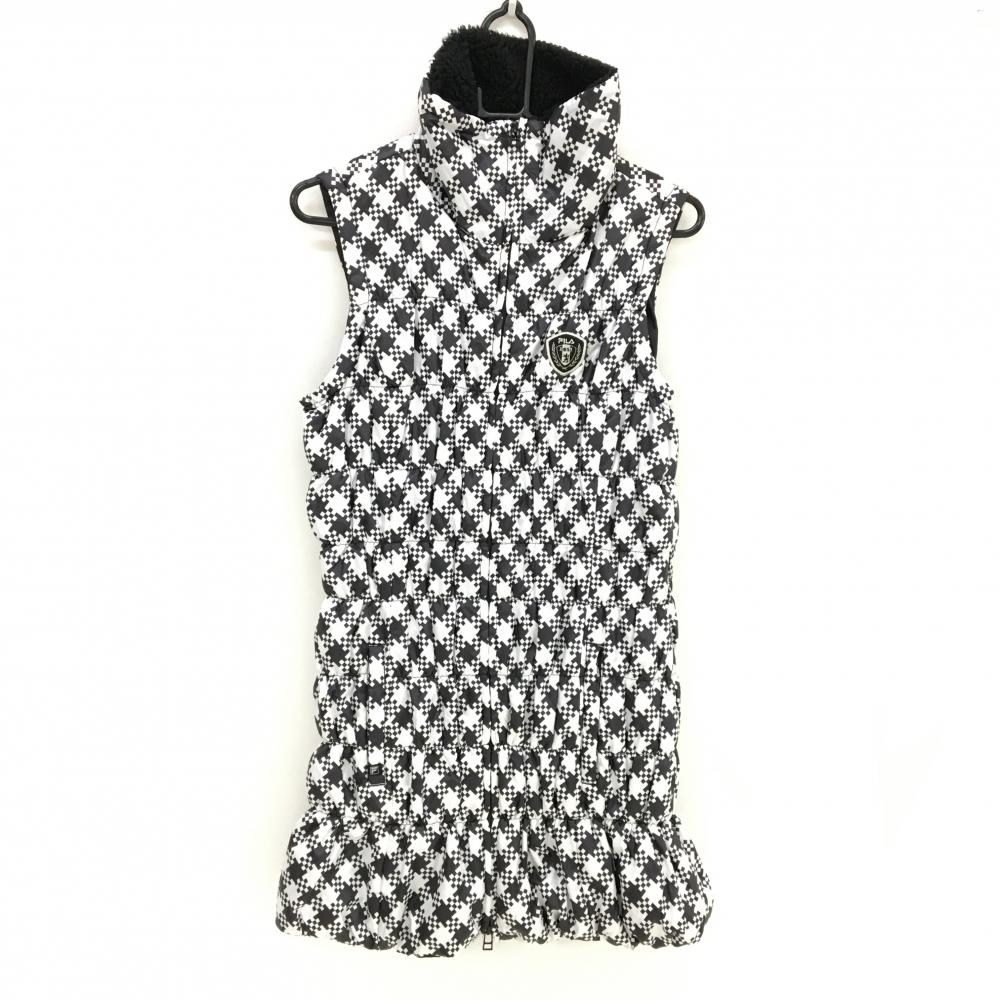 【美品】フィラゴルフ 中綿ノースリーブワンピース 白×黒 総柄 襟裏ボア レディース L ゴルフウェア FILA GOLF