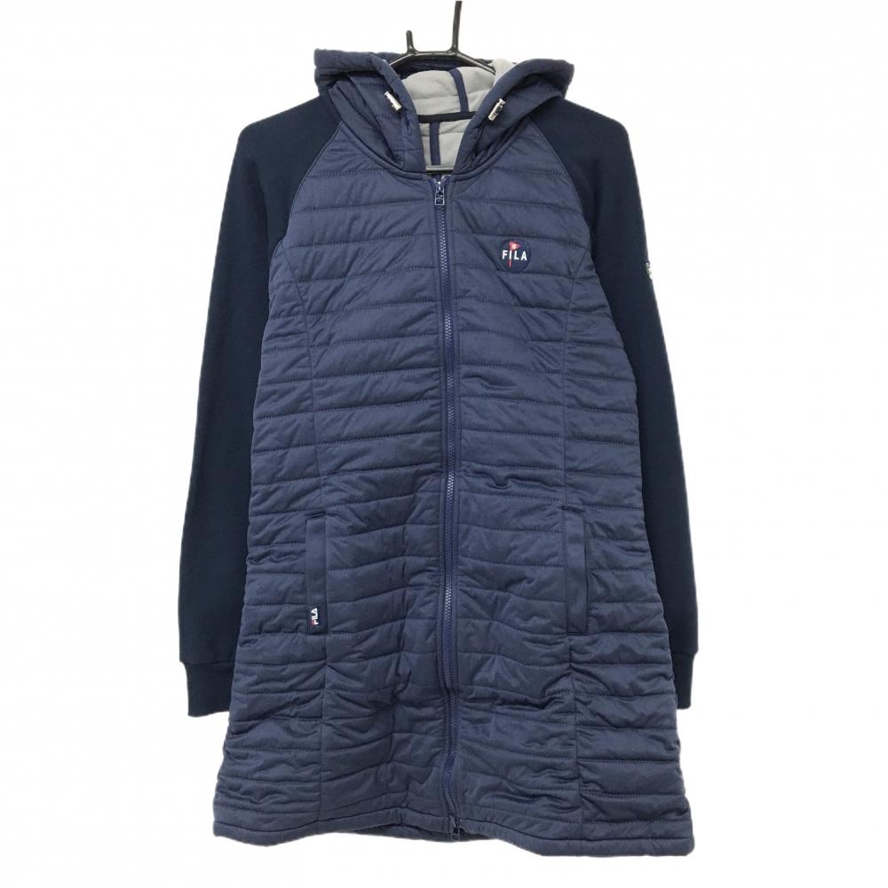 【美品】フィラゴルフ フード付中綿ワンピース ネイビー 袖異素材切替 裏起毛  レディース L ゴルフウェア FILA GOLF