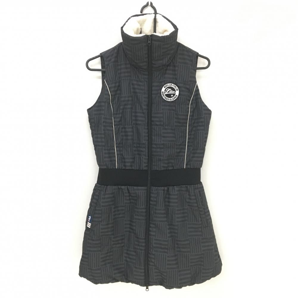【美品】フィラゴルフ 中綿ノースリーブワンピース グレー×黒 ストライプ ボーダー 襟裏ボア  レディース M ゴルフウェア FILA GOLF