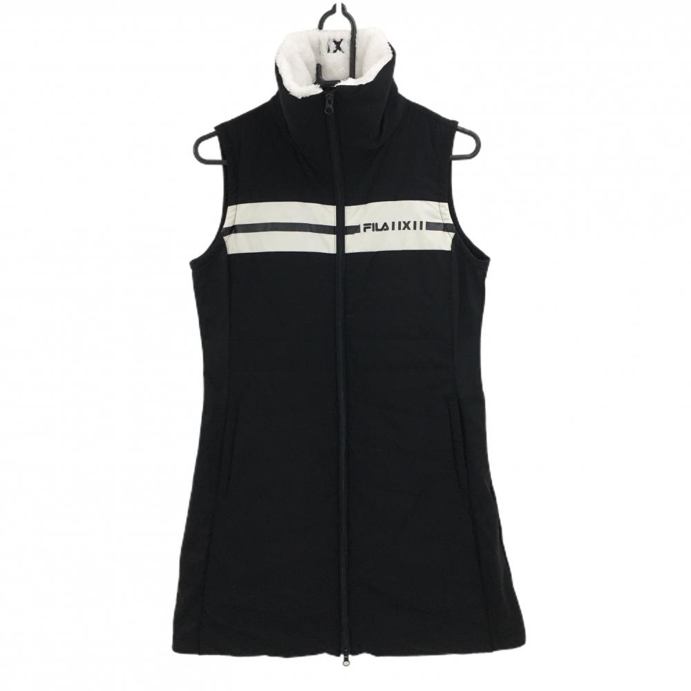 【超美品】フィラゴルフ 中綿ノースリーブワンピース 黒×白 胸元ロゴ ネック内側ボア  レディース M ゴルフウェア FILA GOLF