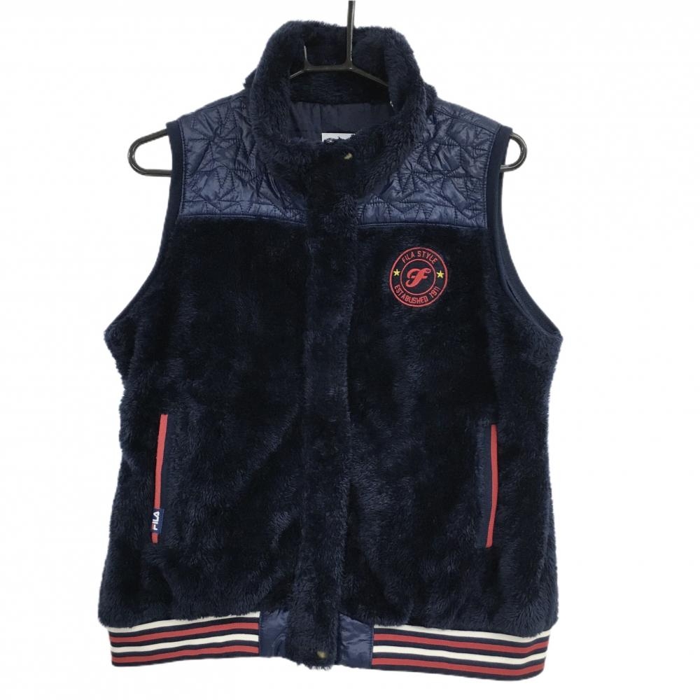 【超美品】フィラゴルフ ボアベスト ネイビー 肩中綿・星柄キルト 裏起毛  レディース LL ゴルフウェア FILA GOLF