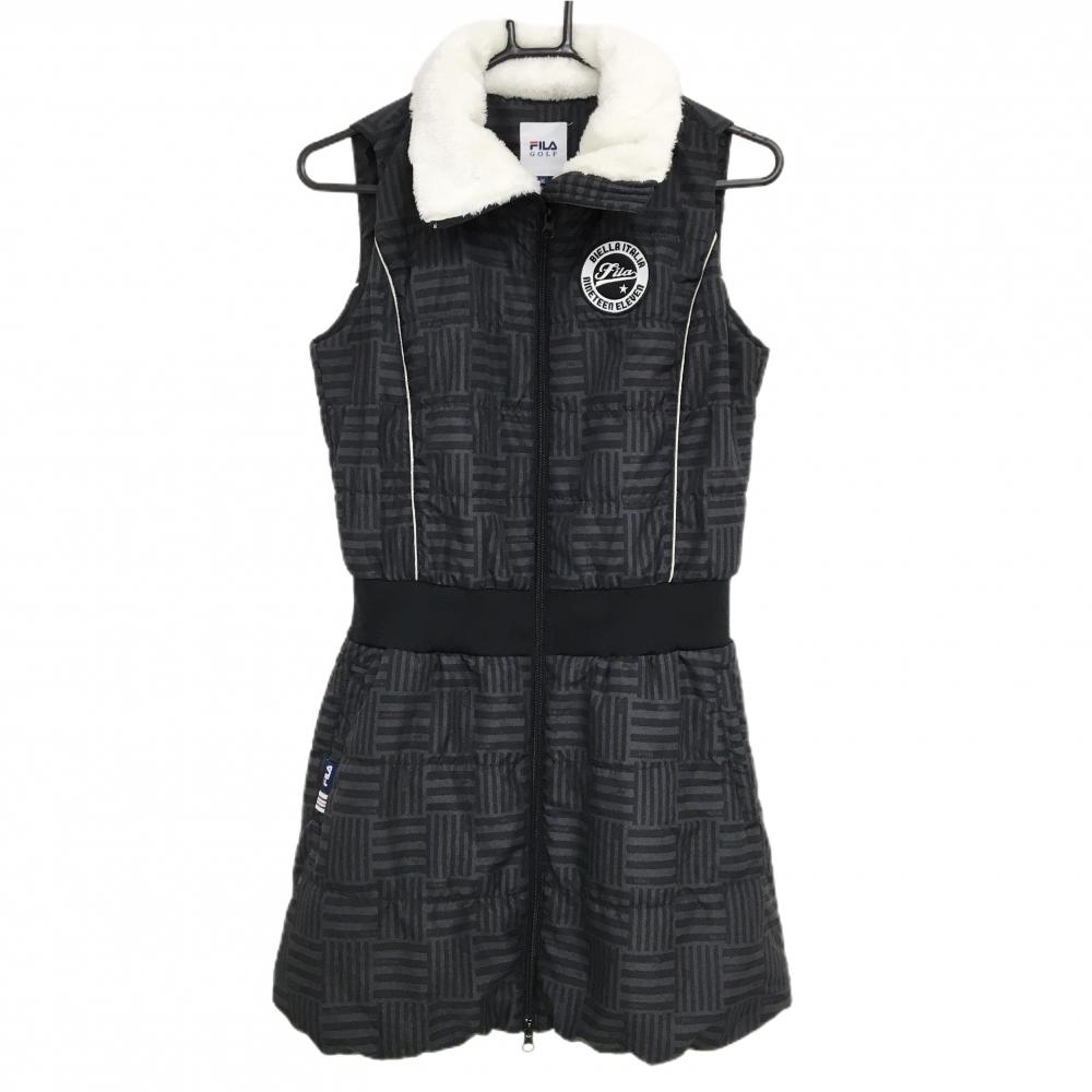 【超美品】フィラゴルフ 中綿ノースリーブワンピース ダークグレー×黒 総柄 レディース 2(M) ゴルフウェア FILA GOLF
