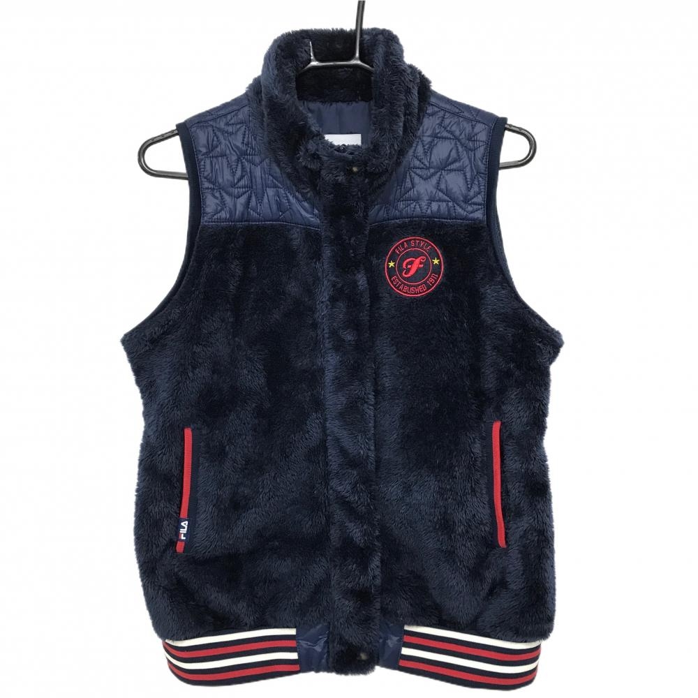 【美品】フィラゴルフ 切替ボアベスト ネイビー 肩付近中綿 裏起毛 ロゴ刺しゅう レディース L ゴルフウェア FILA GOLF