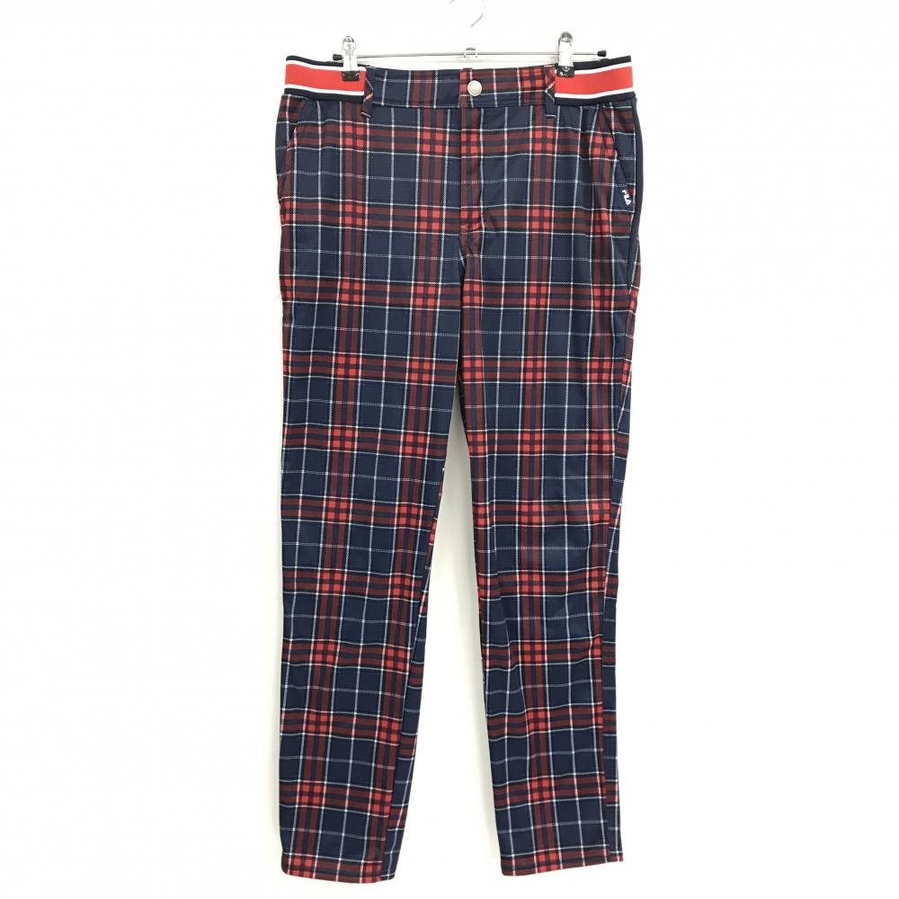 【超美品】フィラゴルフ パンツ ネイビー×レッド チェック 裏起毛 レディース 3L ゴルフウェア 大きいサイズ FILA GOLF