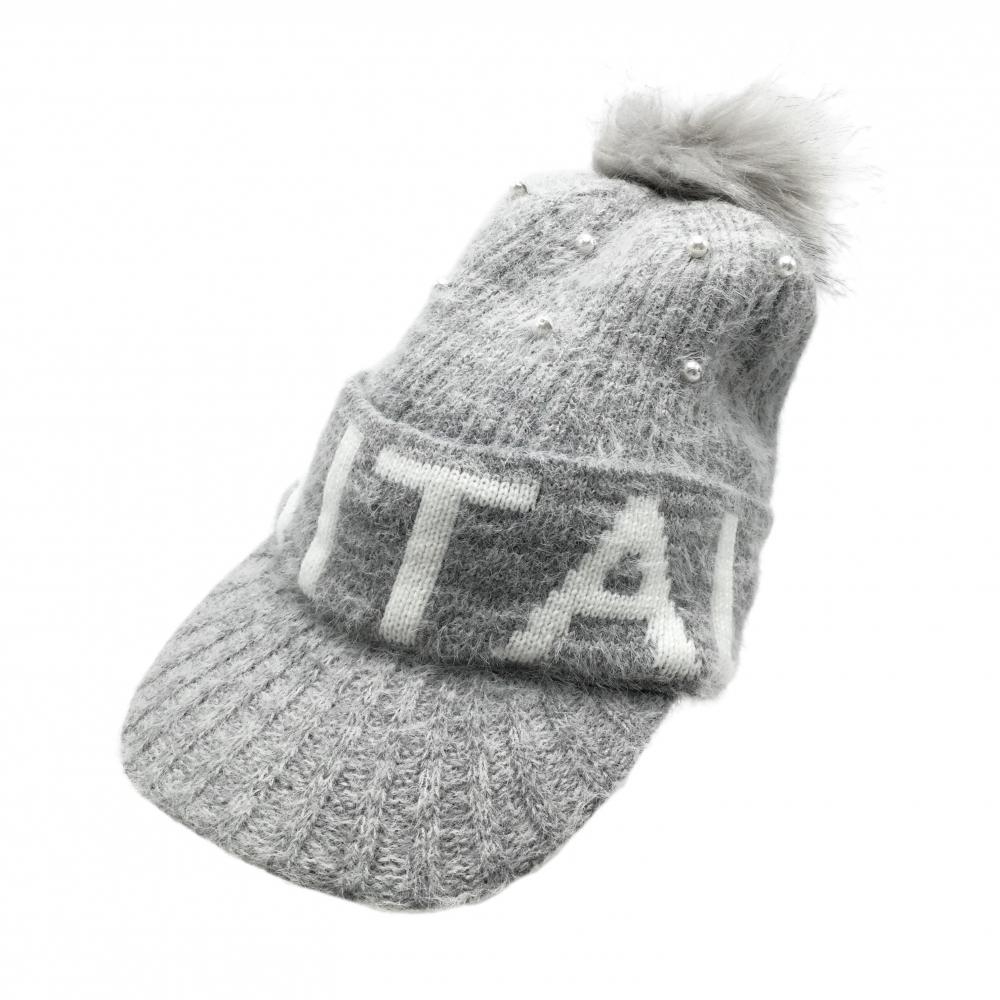 【美品】フィラゴルフ つば付きニット帽 グレー×白 ボンボン付 レディース  ゴルフウェア FILA GOLF