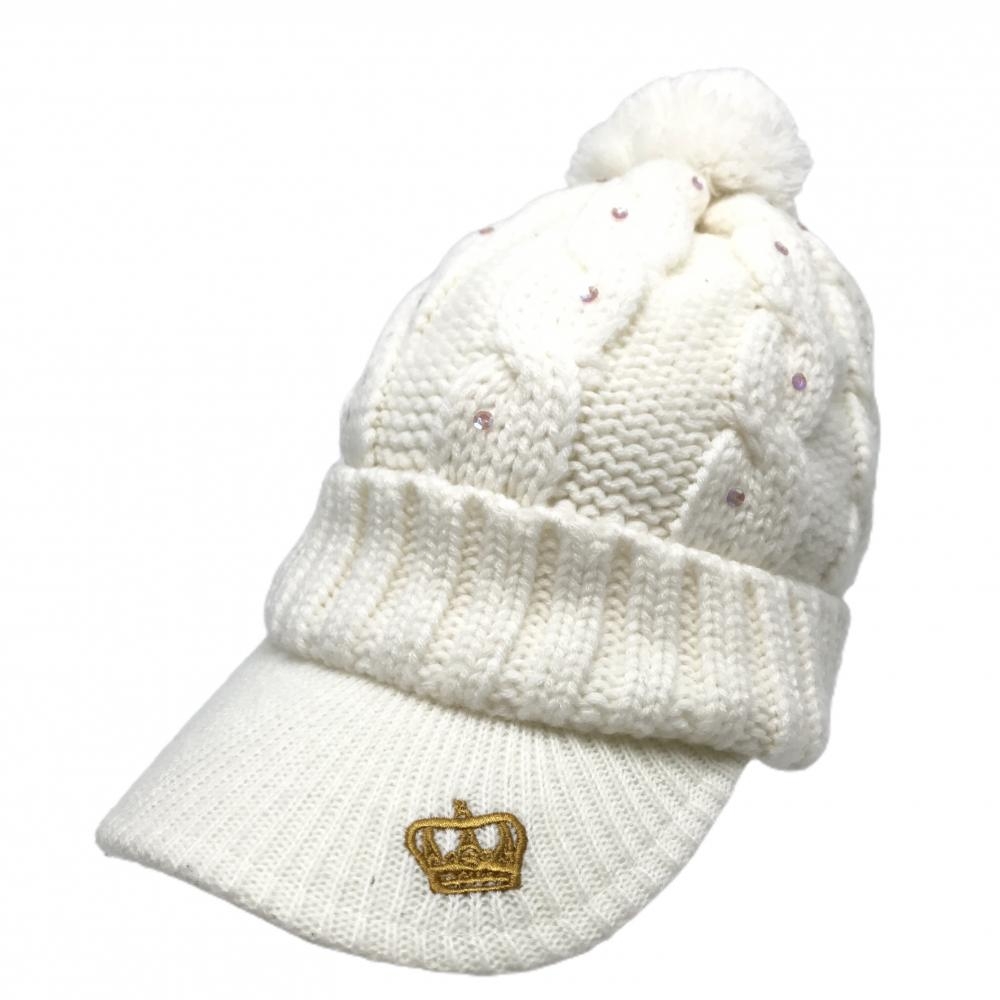 【超美品】フィラゴルフ つば付ニット帽 白 スパンコール ボンボン付 レディース  ゴルフウェア FILA GOLF