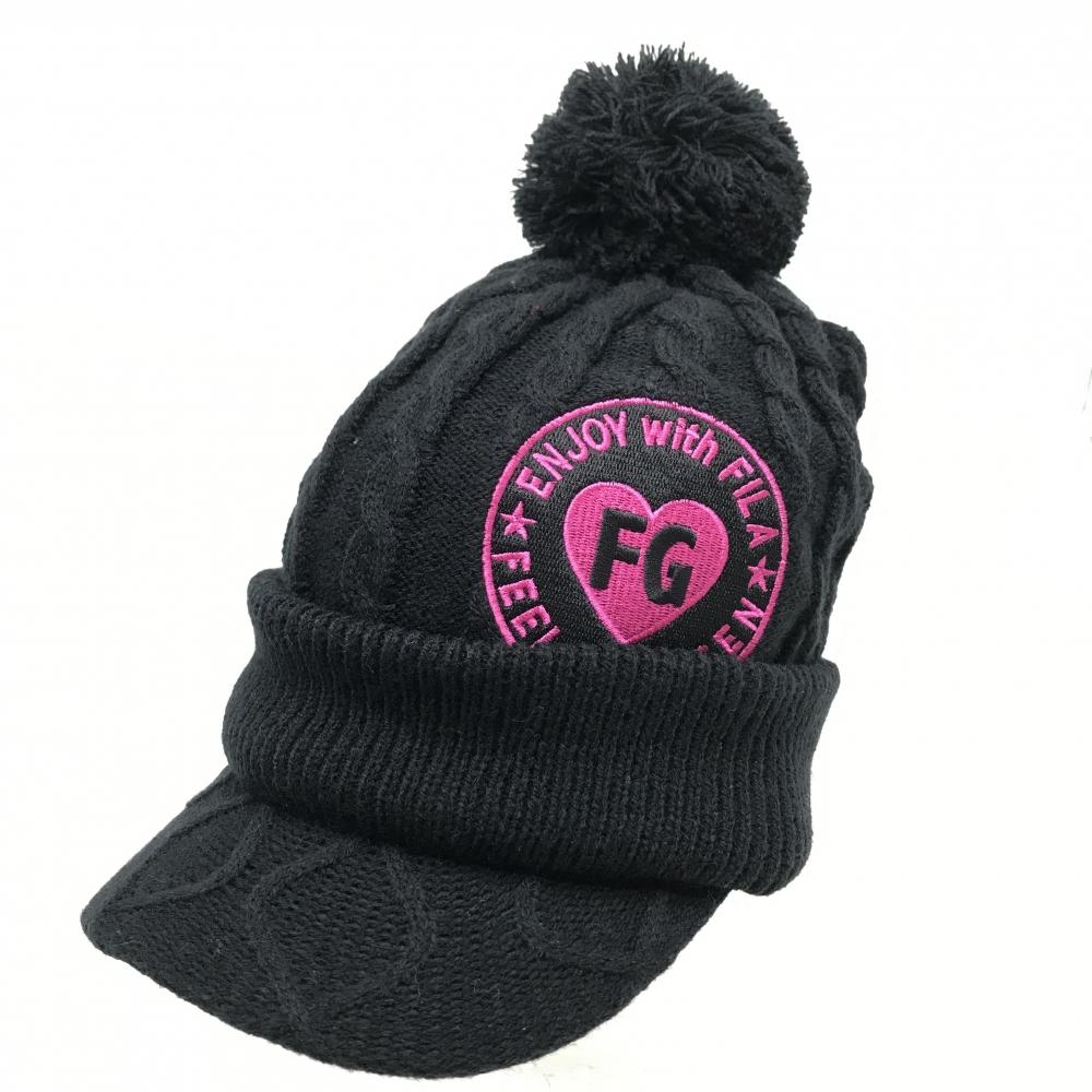 【超美品】フィラゴルフ つば付ニット帽 黒×ピンク ハート ボンボン付  レディース  ゴルフウェア FILA GOLF