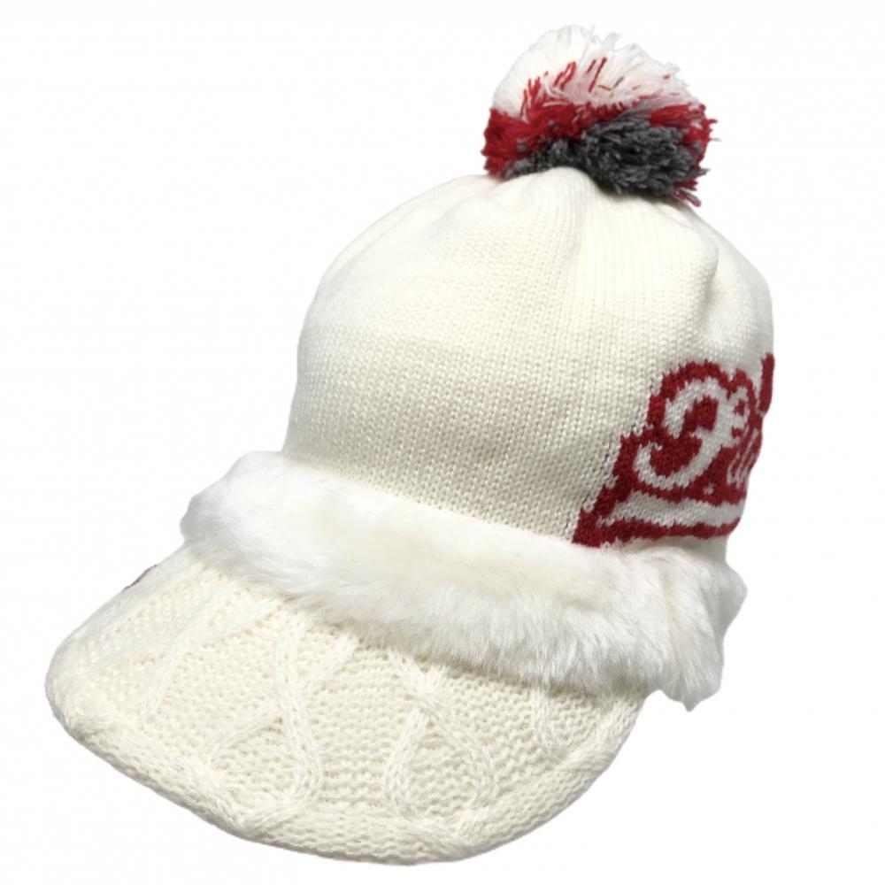 【美品】フィラゴルフ つば付ニット帽 白×レッド ファー ボンボン付 レディース  ゴルフウェア FILA GOLF