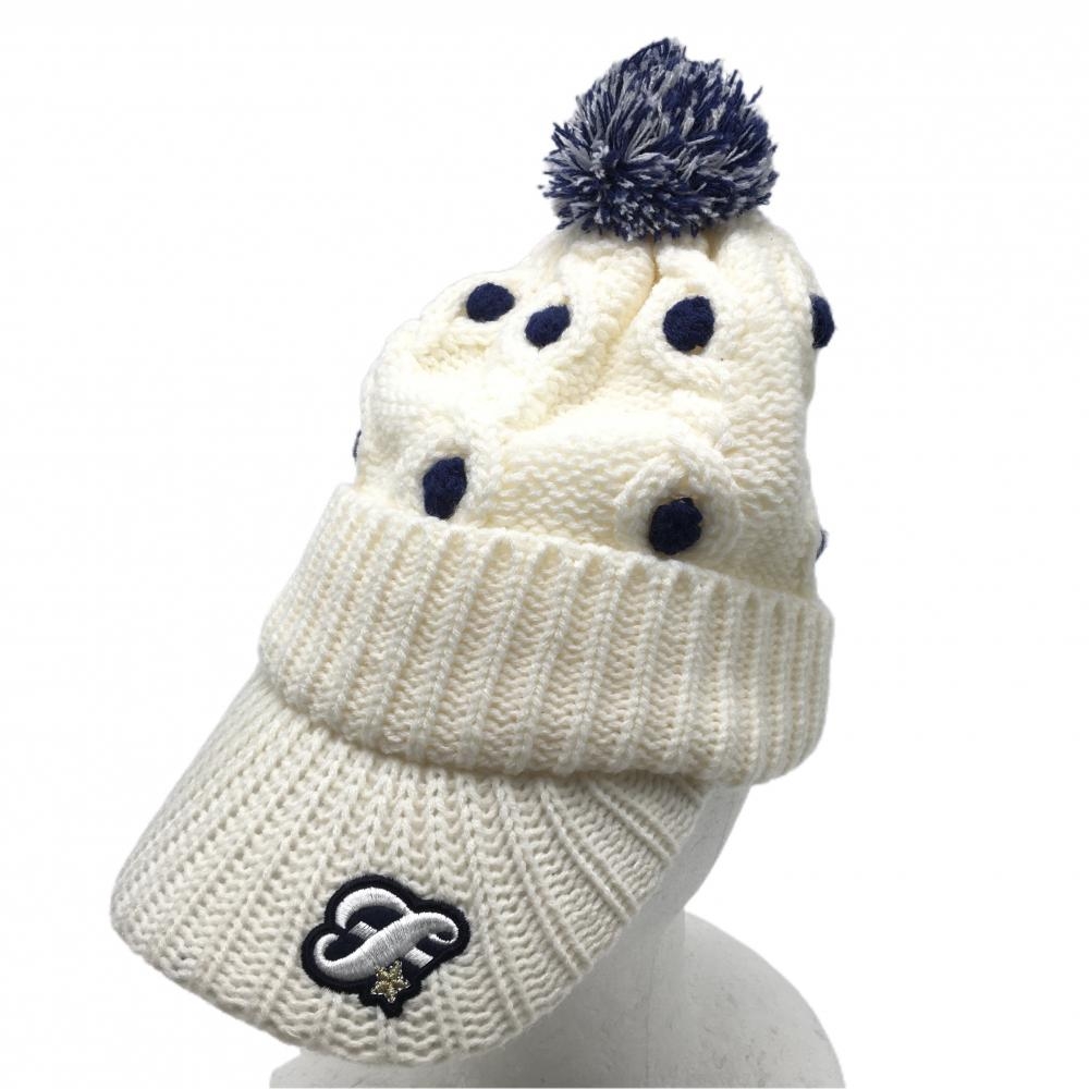 【美品】フィラゴルフ つば付ニット帽 白×ネイビー 裏地フリース アクリル100％ ボンボン付  レディース 表記なし ゴルフウェア FILA GOLF