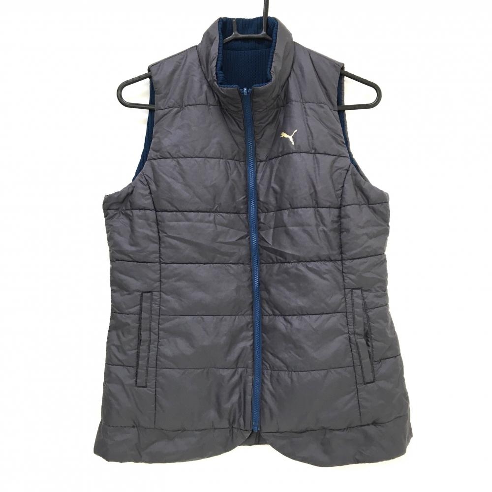 【超美品】プーマ 中綿リバーシブルベスト グレー×ブルーグリーン 裏ニット 胸元ロゴ レディース L ゴルフウェア PUMA
