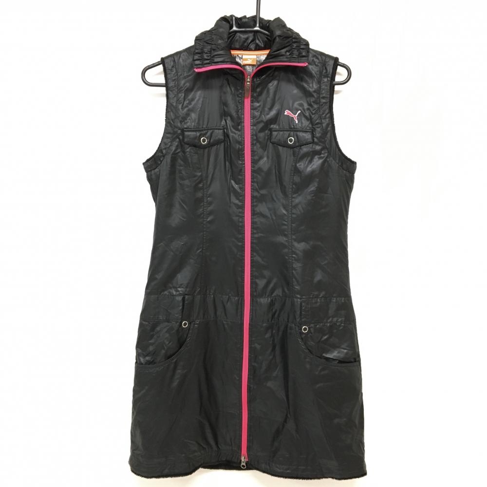 【超美品】プーマ 中綿ノースリーブワンピース 黒×ピンク ロゴ刺しゅう ティー装着可  レディース O(XL) ゴルフウェア PUMA
