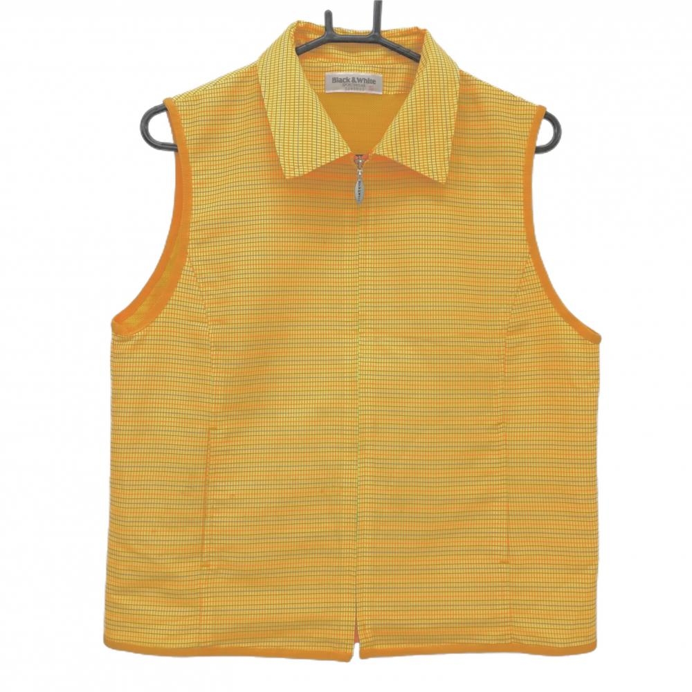 【美品】ブラックアンドホワイト アウターベスト イエロー×オレンジ 格子柄 バックロゴ  レディース L ゴルフウェア Black＆White
