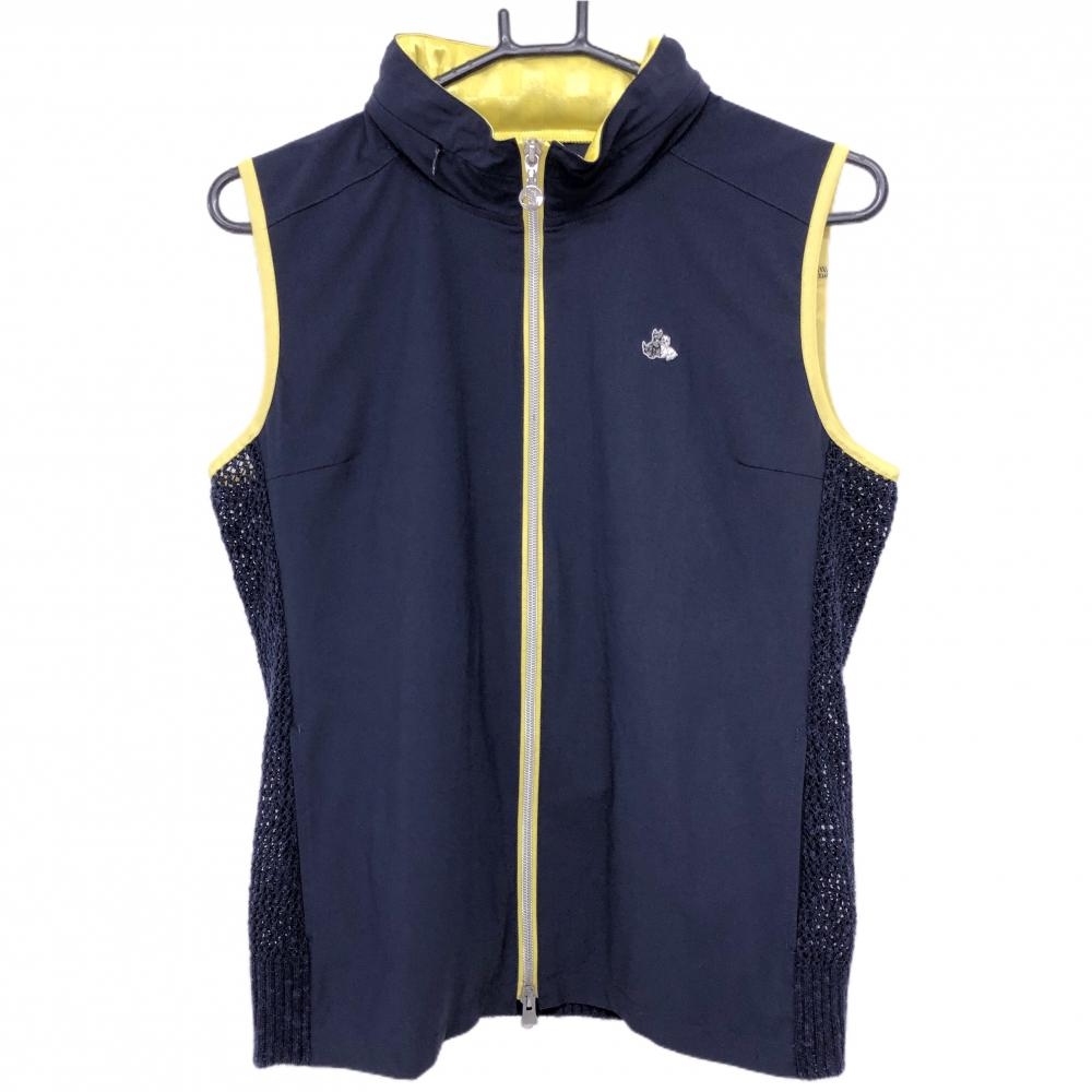 【超美品】ブラックアンドホワイト フード付きアウターベスト ネイビー×イエロー ロゴ刺しゅう  レディース L ゴルフウェア Black＆White
