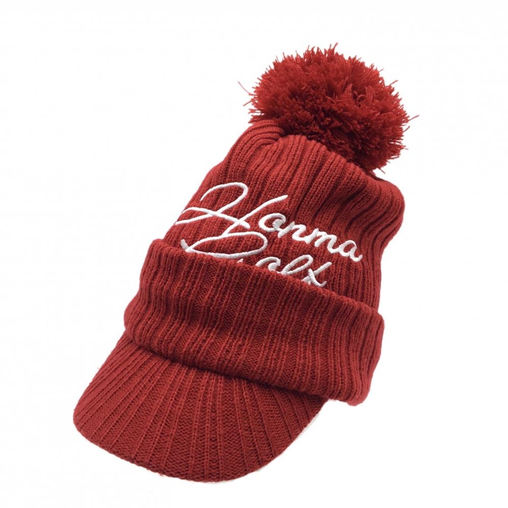 【超美品】ホンマ つば付ニット帽 レッド×白 裏起毛 アクリル100％ ボンボン取り外し可 レディース  ゴルフウェア HONMA