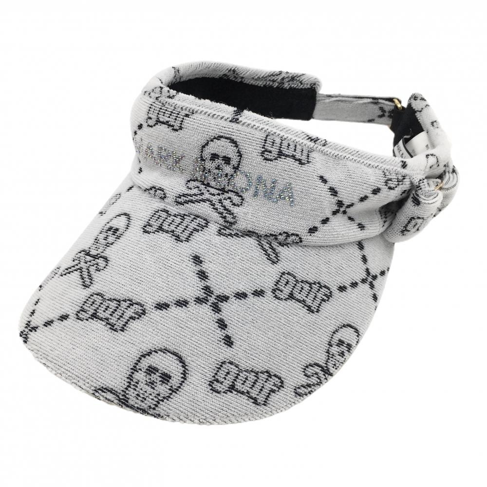 【美品】マークアンドロナ サンバイザー ライトグレー×黒 スカル総柄 サイドリボン レディース FREE ゴルフウェア MARK＆LONA