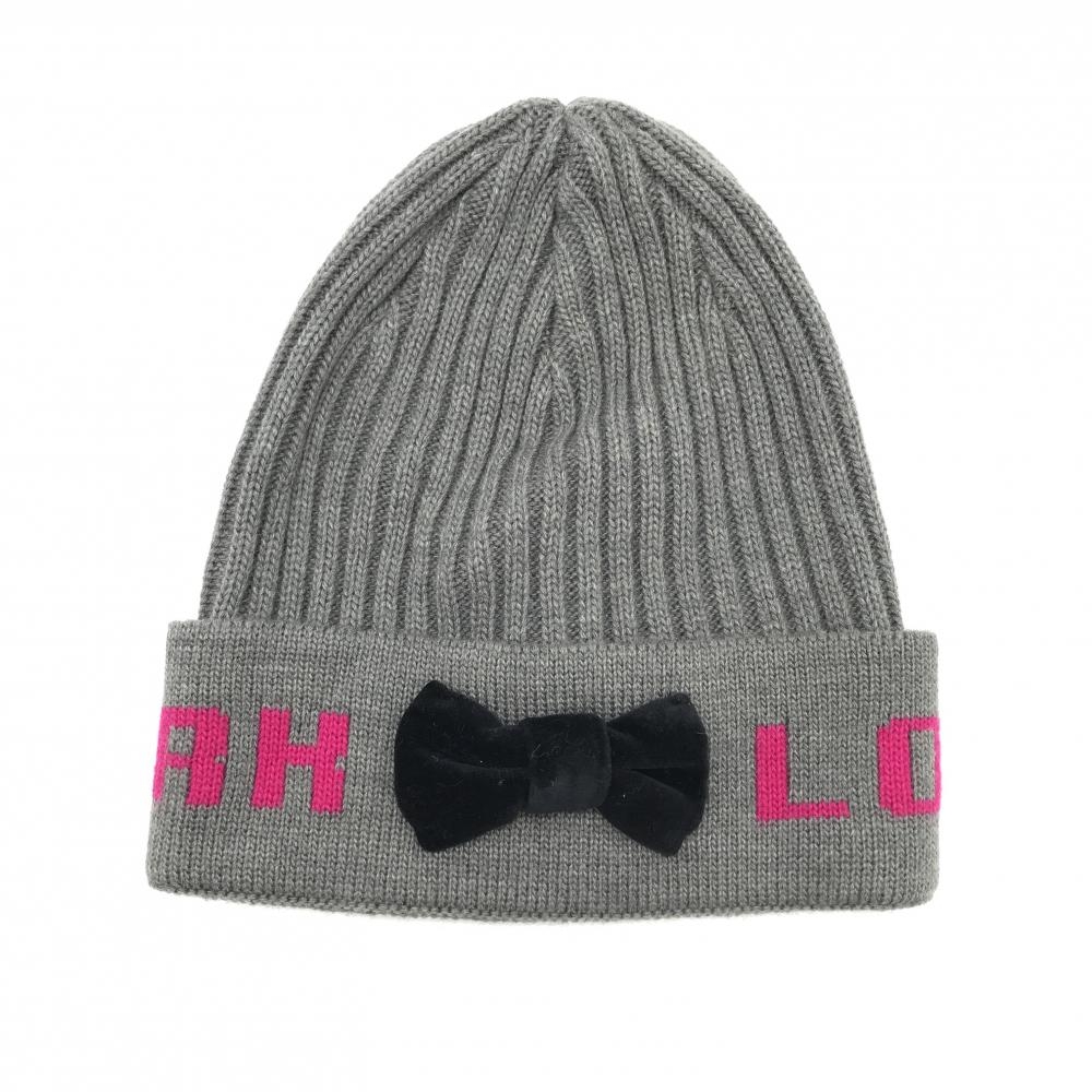 【超美品】マークアンドロナ ニット帽 グレー×ピンク ストライプ編み リボン レディース F ゴルフウェア MARK＆LONA