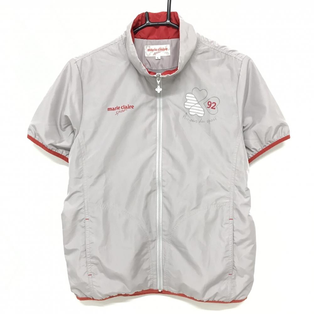 【美品】マリクレール 半袖ジャケット グレー×レッド クローバー 裏地メッシュ レディース L ゴルフウェア marie claire