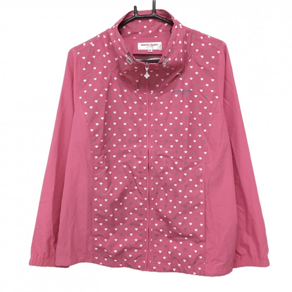【美品】マリクレールスポール ナイロンジャケット ピンク×白 身頃ハート総柄  レディース LL ゴルフウェア marie claire