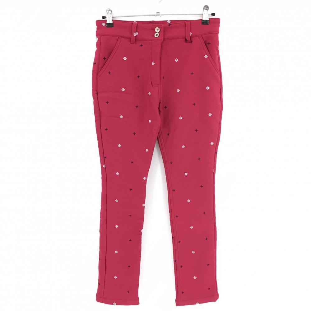 【超美品】マリクレール パンツ レッド×ネイビー×白 刺しゅう総柄 裏起毛 レディース M ゴルフウェア marie claire