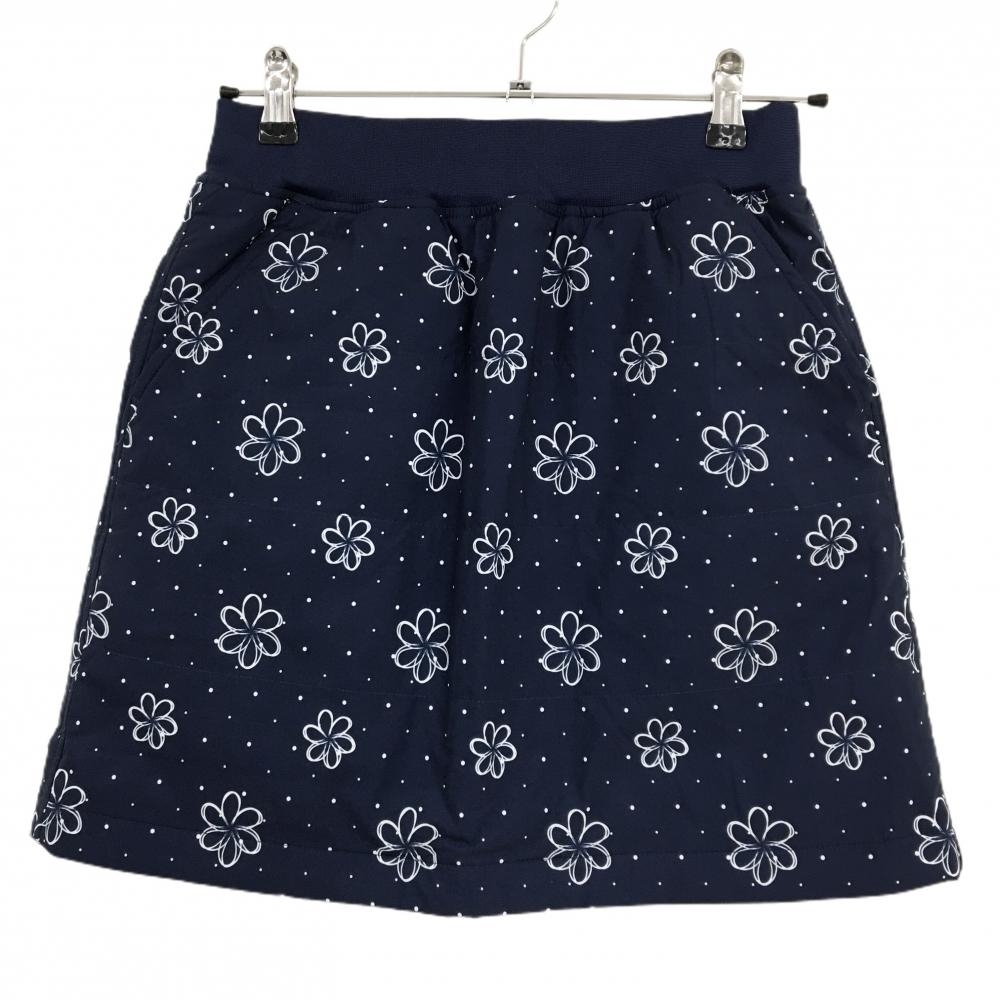 【超美品】マリクレールスポール 中綿スカート ネイビー×白 花柄 ドット ウエストゴム レディース M ゴルフウェア marie claire