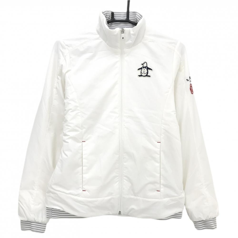 【美品】マンシングウェア 中綿ジャケット 白 ペンギンワッペン 袖口等一部ボーダー レディース M ゴルフウェア Munsingwear