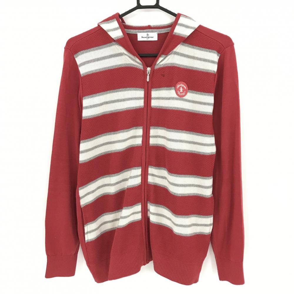 マンシングウェア ニットジップパーカー レッド×白 前身頃ボーダー コットン混  レディース LL ゴルフウェア Munsingwear