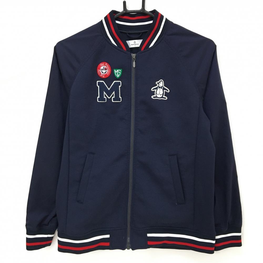 【美品】マンシングウェア ブルゾン ネイビー×白 リブボーダー 胸元ワッペン レディース L ゴルフウェア Munsingwear