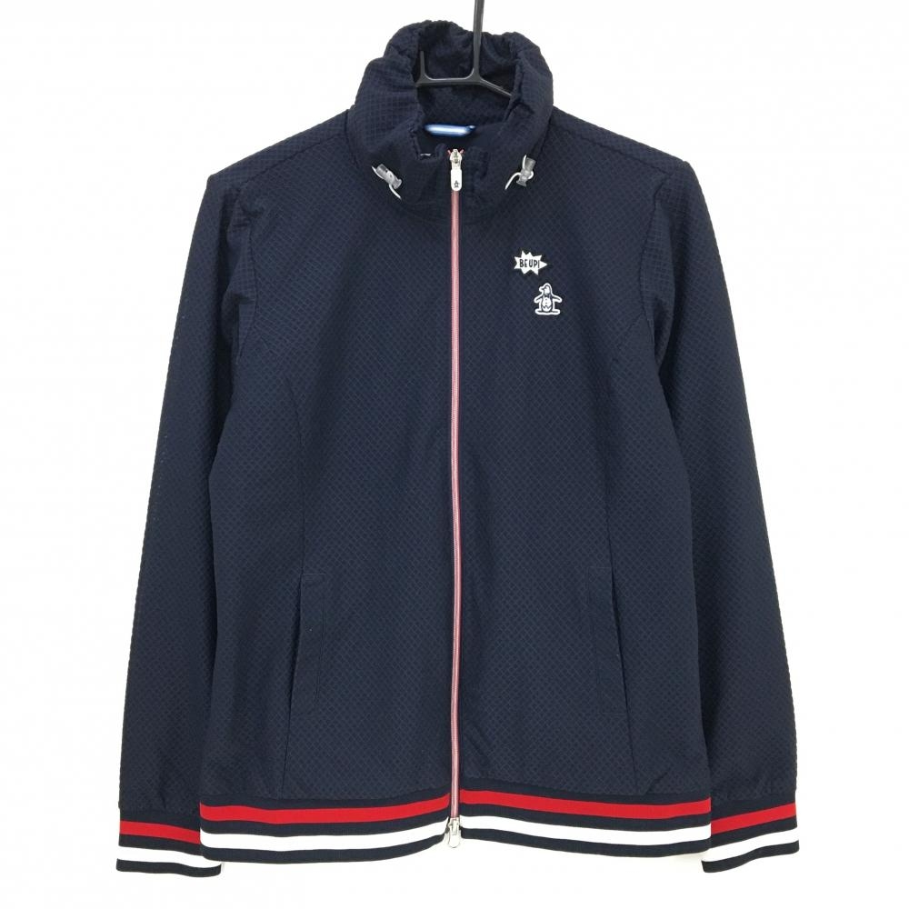 【美品】マンシングウェア ジャケットブルゾン ネイビー 織生地 リブトリコロール ワッペン レディース LL ゴルフウェア Munsingwear