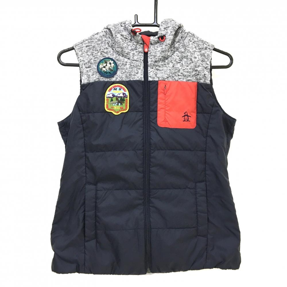 【超美品】マンシングウェア 異素材中綿ベスト ネイビー×杢グレー フード 胸ポケット レディース M ゴルフウェア Munsingwear