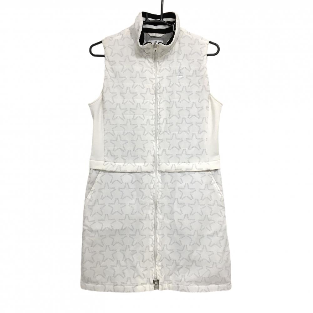 【超美品】マンシングウェア 中綿ノースリーブワンピース 白×ライトグレー ロゴ星総柄 レディース M ゴルフウェア Munsingwear