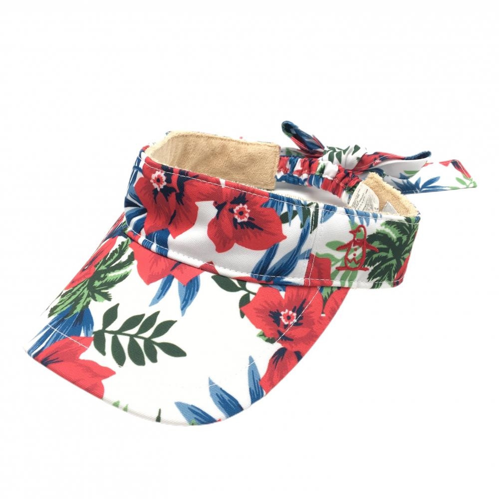 【美品】マンシングウェア サンバイザー 白×レッド 花柄 後ろリボン レディース F(55-59cm) ゴルフウェア Munsingwear