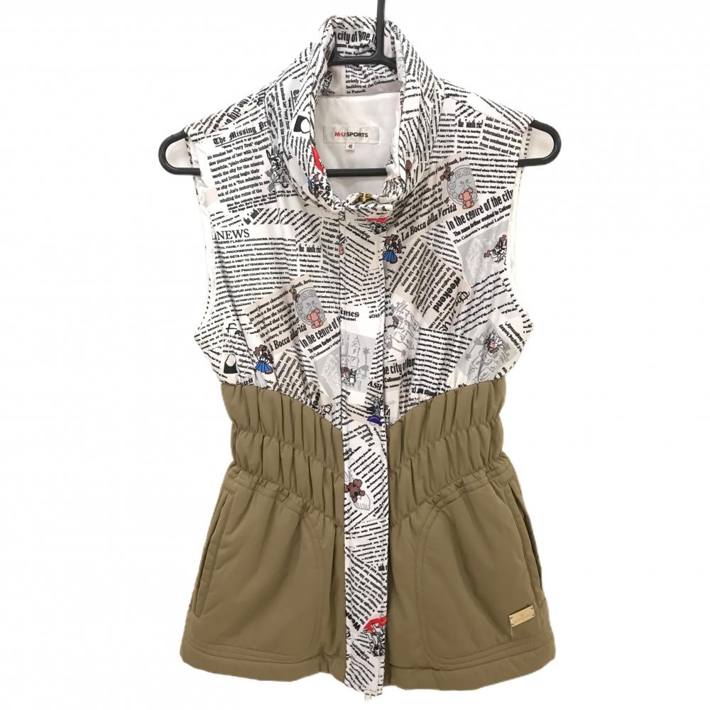 【超美品】MUスポーツ 中綿ベスト 白×黒 英字総柄 ドッグ  レディース 40(M) ゴルフウェア M・U SPORTS