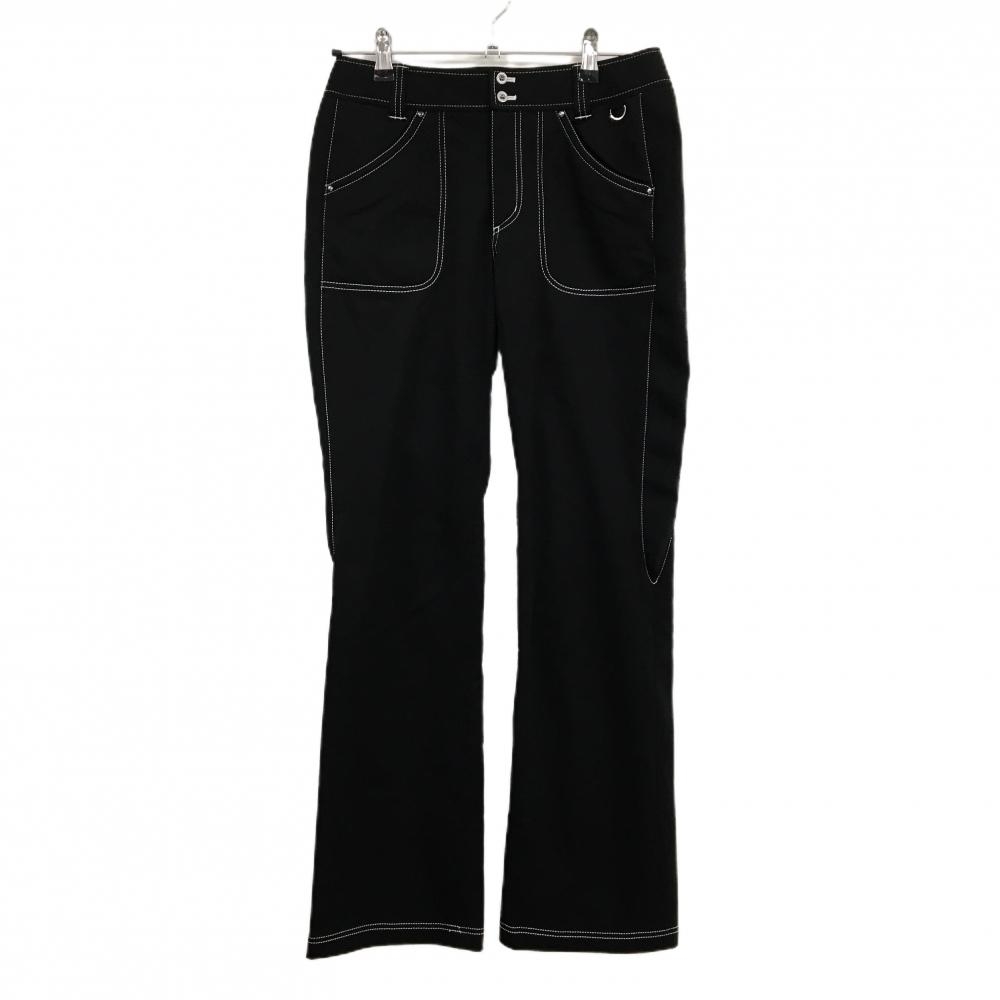 【超美品】MUスポーツ パンツ 黒×白ステッチ 裏起毛 サイドストレッチ ロゴスパンコール刺繍 レディース 40(M) ゴルフウェア M・U SPORTS