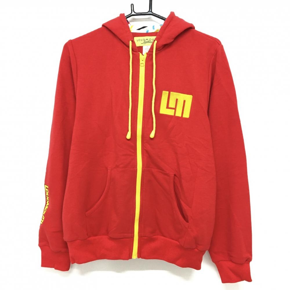 【美品】ラウドマウス ジップパーカー レッド×オレンジイエロー ビッグロゴ刺しゅう フード内側柄 レディース M ゴルフウェア LOUDMOUTH