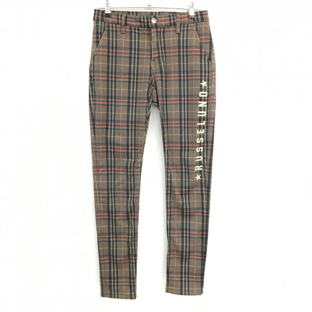 【超美品】ラッセルノ パンツ ブラウン×グリーン×オレンジ ルチャマスク  チェック 裏起毛 レディース 2(L) ゴルフウェア RUSSELUNO